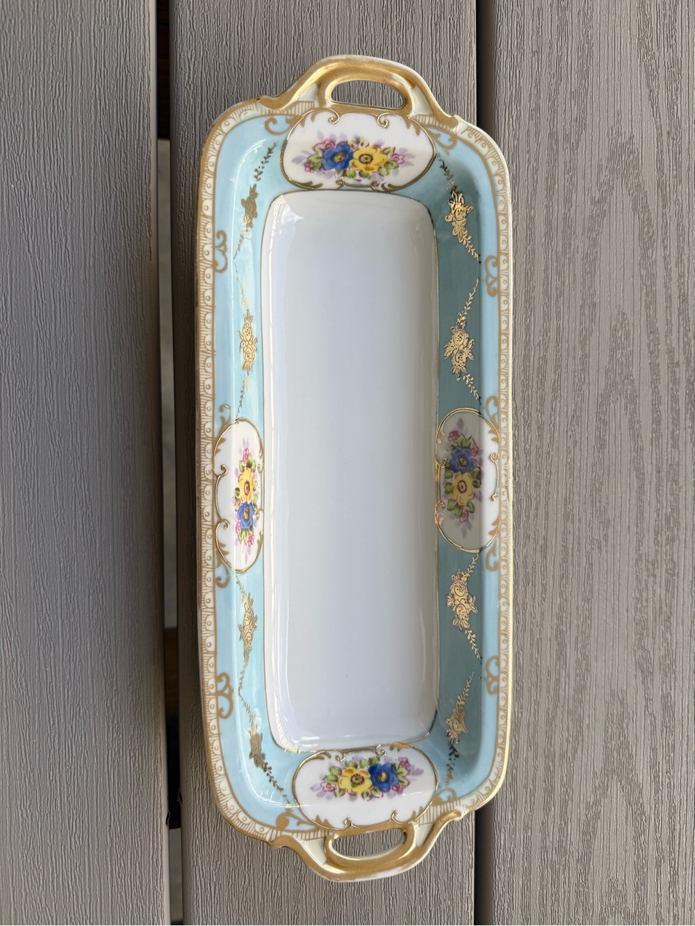 Vintage Noritake Handled Celery Tray Blue Floral Gold Gilt Japan